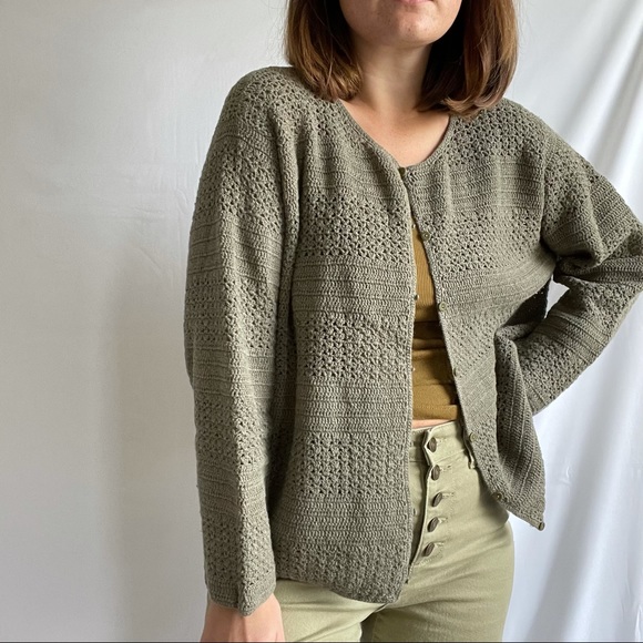 EDDIE BAUER | Vintage Olive Green Crochet Knit Cropepd Cardigan Sz XL - Picture 3 of 8